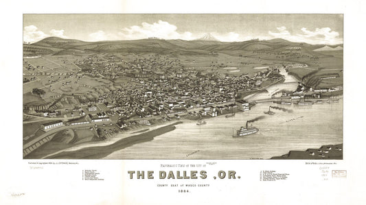 Panoramic view of the city of The Dalles, Or. county seat of Wasco County 1884. (1884) – Historic Bird’s-Eye View Panorama Print