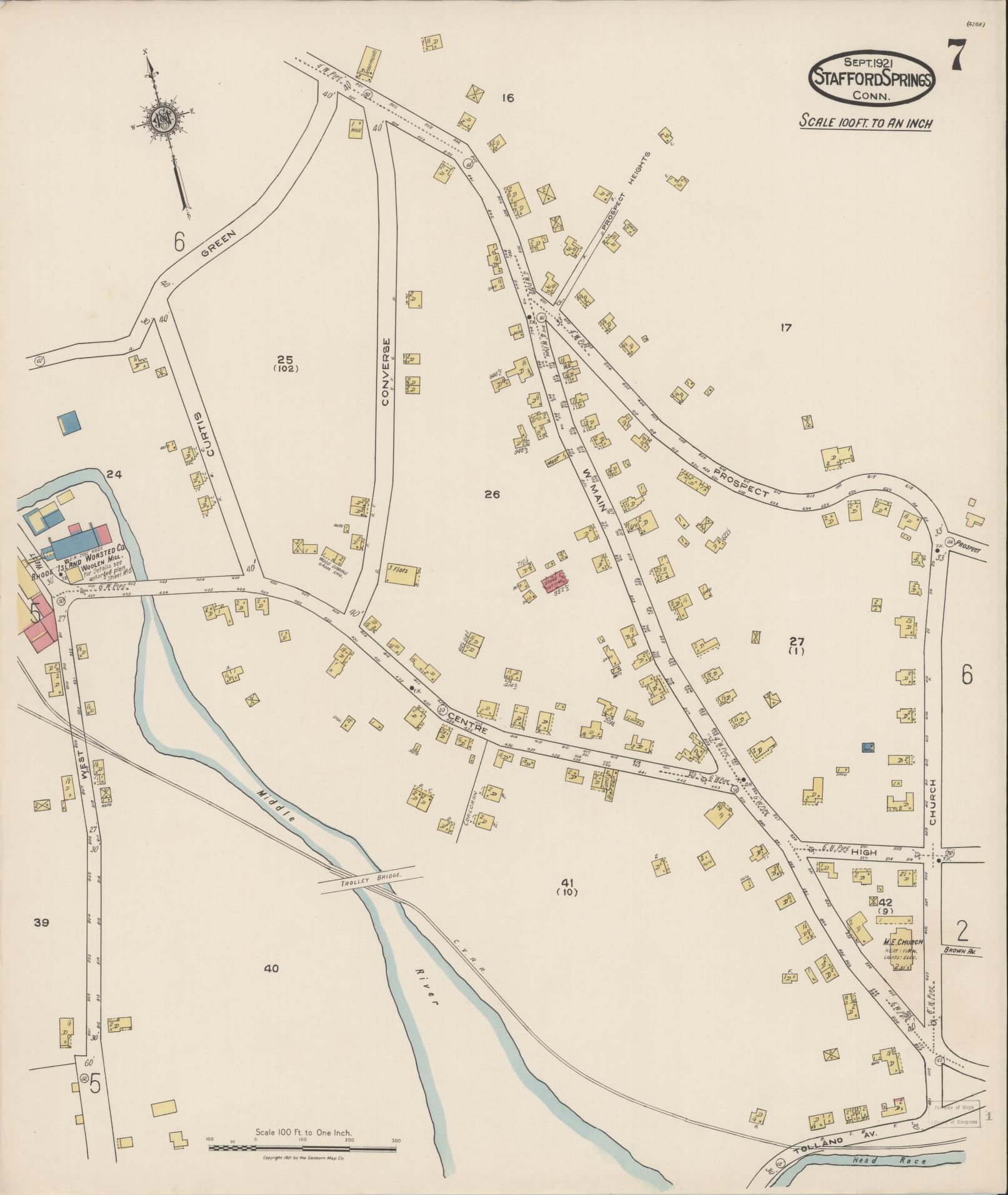 Sanborn Fire Insurance Map from Stafford Springs, Tolland County, Connecticut (1921), Sheet #0007 - Complete Map Set gallery image, historic Sanborn map, vintage wall art, Connecticut Connecticut