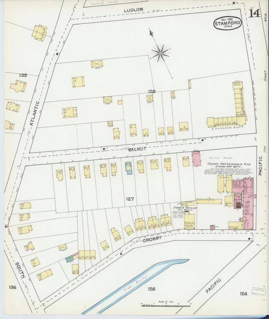 Sanborn Fire Insurance Map from Stamford, Fairfield County, Connecticut (1892), Sheet #0014 - Historic Sanborn Fire Insurance Map Print, vintage old map wall art, antique decor, genealogy gift, Connecticut Connecticut map