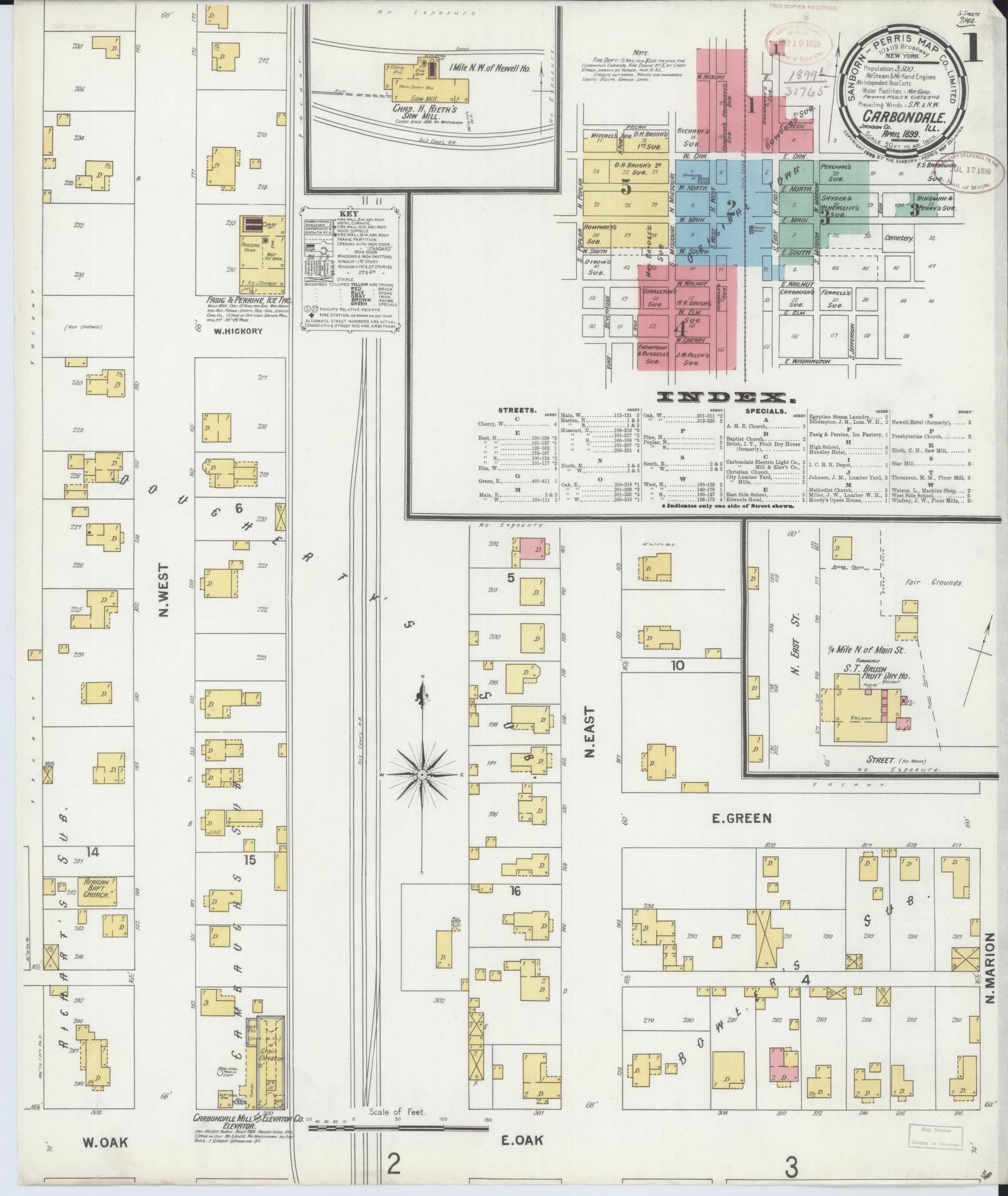Sanborn Fire Insurance Map from Carbondale, Jackson County, Illinois (1899), Sheet #0001 - Complete Map Set gallery image, historic Sanborn map, vintage wall art, Illinois Illinois
