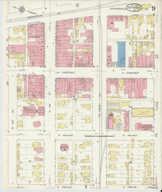 Sanborn Fire Insurance Map from Seymour, Jackson County, Indiana (1913), Sheet #0009 - Historic Sanborn Fire Insurance Map Print, vintage old map wall art, antique decor, genealogy gift, Indiana Indiana map