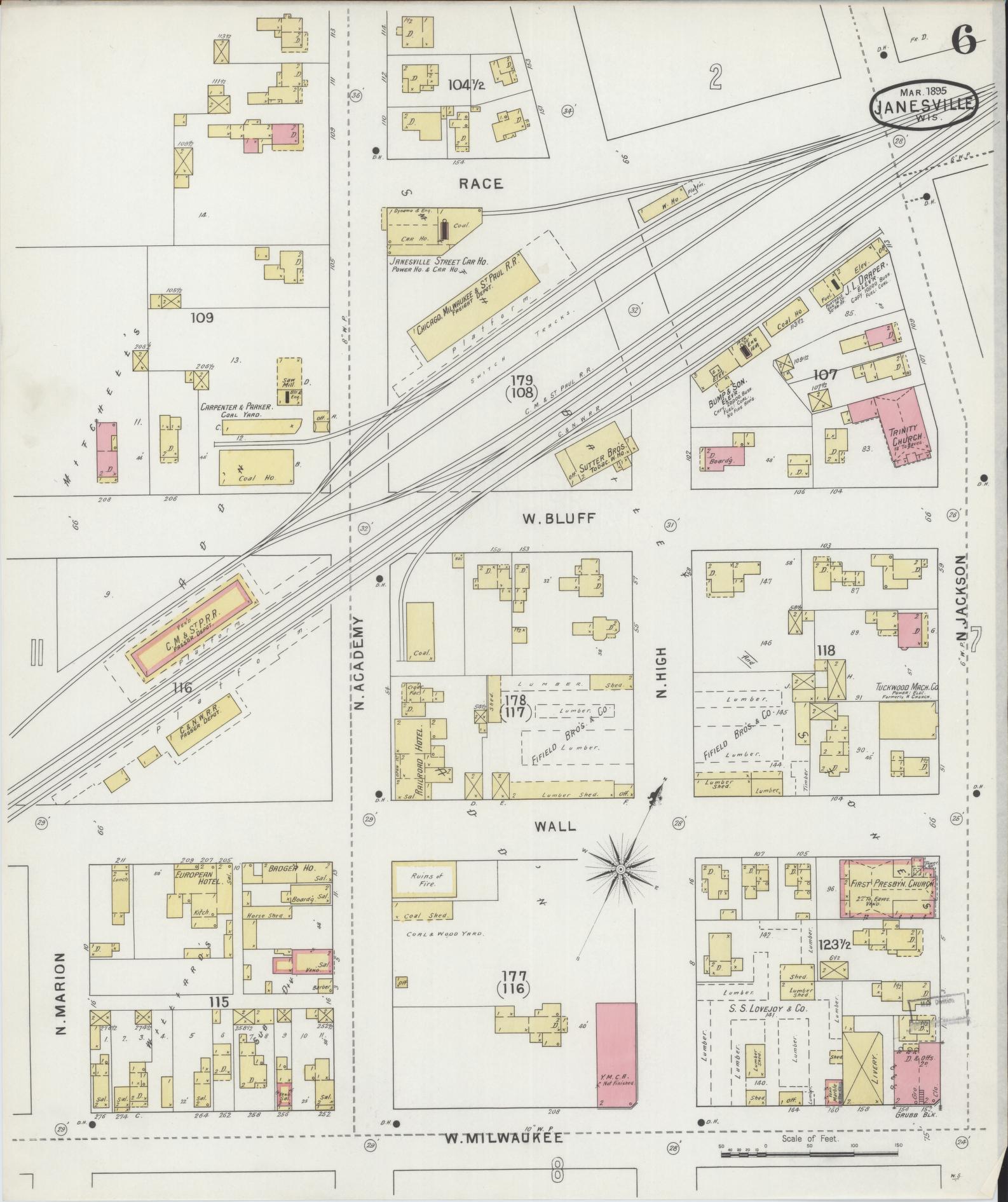 Sanborn Fire Insurance Map from Janesville, Rock County, Wisconsin (1895), Sheet #0006 - Historic Sanborn Fire Insurance Map Print, vintage old map wall art, antique decor, genealogy gift, Wisconsin Wisconsin map