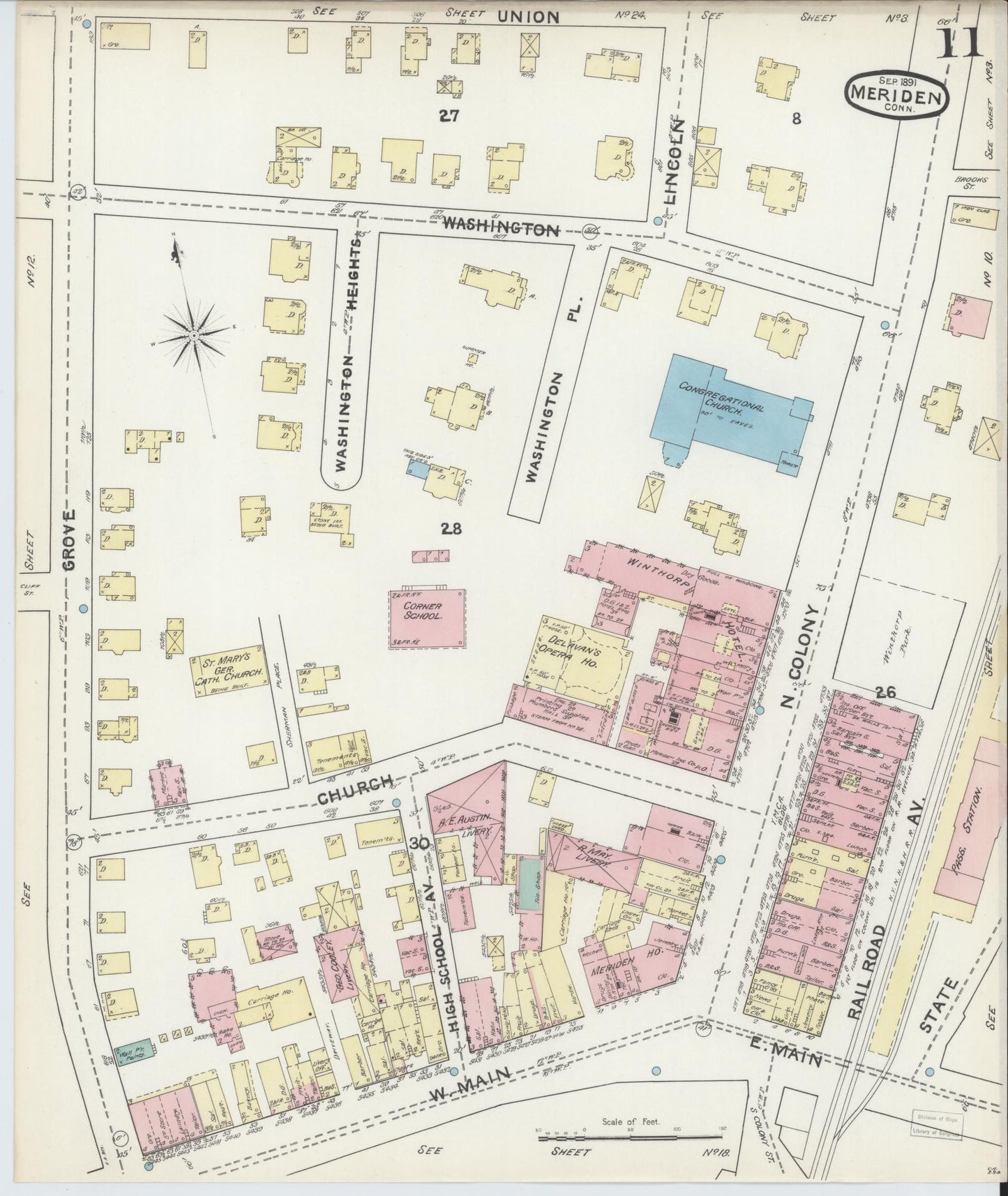 Sanborn Fire Insurance Map from Meriden, New Haven County, Connecticut (1891), Sheet #0011 - Complete Map Set gallery image, historic Sanborn map, vintage wall art, Connecticut Connecticut