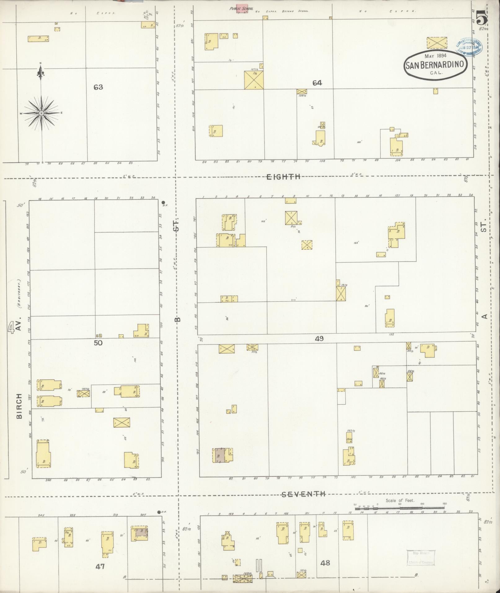 Sanborn Fire Insurance Map from San Bernardino, San Bernardino County, California (1894), Sheet #0005 - Complete Map Set gallery image, historic Sanborn map, vintage wall art, California California