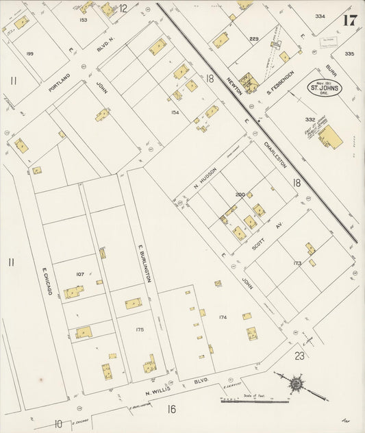 Sanborn Fire Insurance Map from Saint Johns, Multnomah County, Oregon (1911), Sheet #0017 - Historic Sanborn Fire Insurance Map Print, vintage old map wall art, antique decor, genealogy gift, Oregon Oregon map