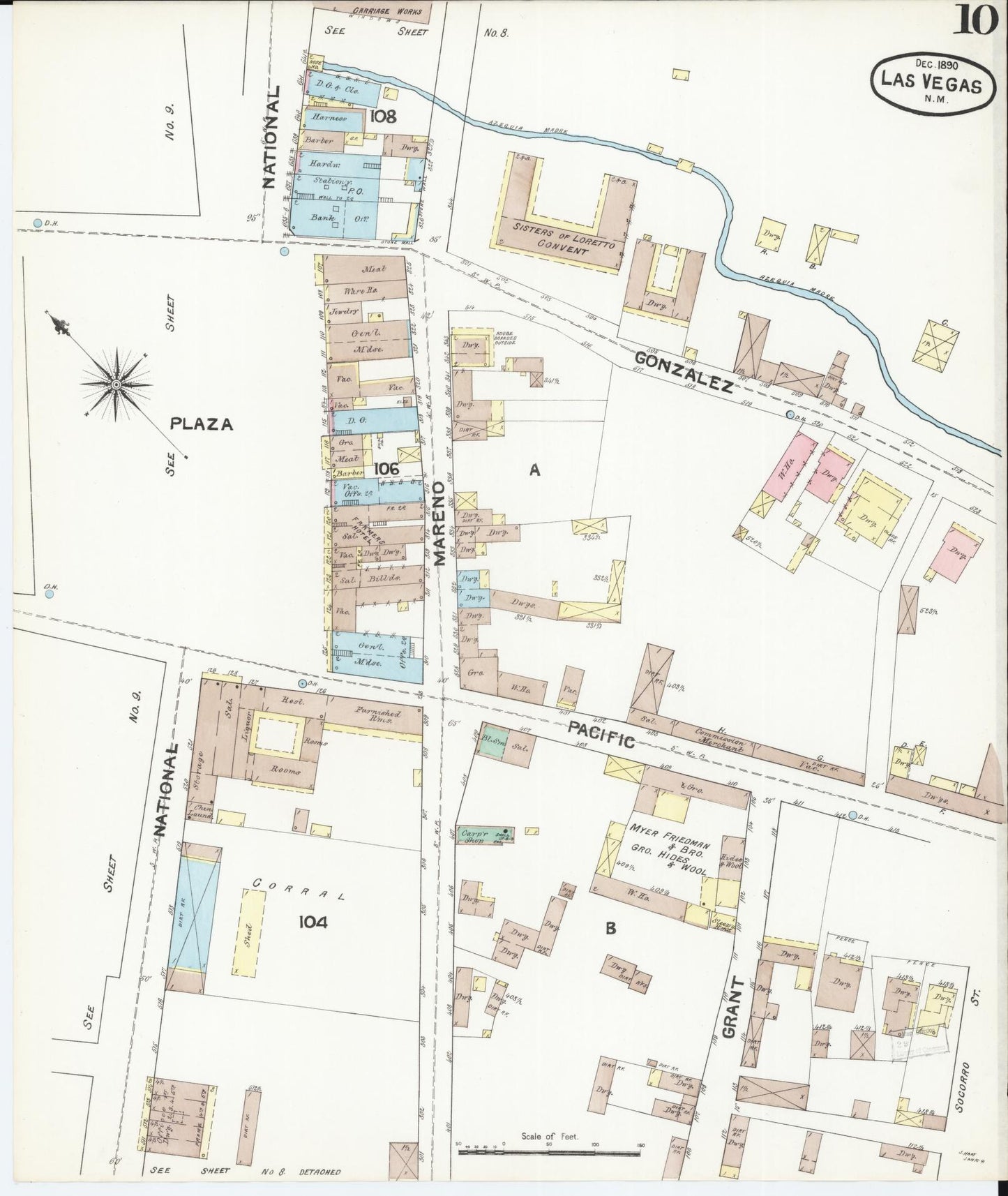 Sanborn Fire Insurance Map from Las Vegas, San Miguel County, New Mexico (1890), Sheet #0010 - Complete Map Set gallery image, historic Sanborn map, vintage wall art, New Mexico New Mexico