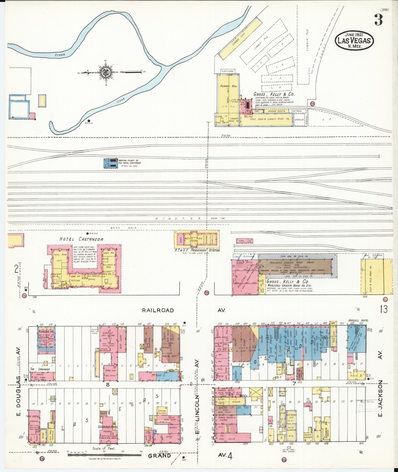 Sanborn Fire Insurance Map from Las Vegas, San Miguel County, New Mexico (1921), Sheet #0003 - Historic Sanborn Fire Insurance Map Print, vintage old map wall art, antique decor, genealogy gift, New Mexico New Mexico map