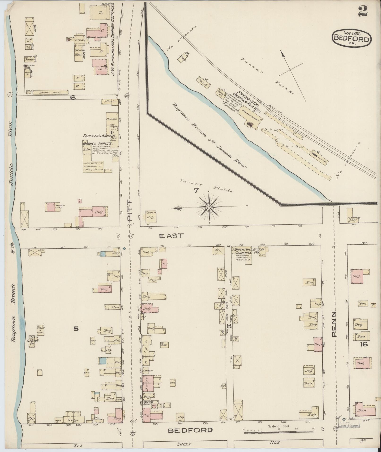Sanborn Fire Insurance Map from Bedford, Bedford County, Pennsylvania (1885), Sheet #0002 - Historic Sanborn Fire Insurance Map Print, vintage old map wall art, antique decor, genealogy gift, Pennsylvania Pennsylvania map