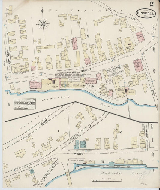 Sanborn Fire Insurance Map from Hinsdale, Cheshire County, New Hampshire (1884), Sheet #0002 - Historic Sanborn Fire Insurance Map Print, vintage old map wall art, antique decor, genealogy gift, New Hampshire New Hampshire map
