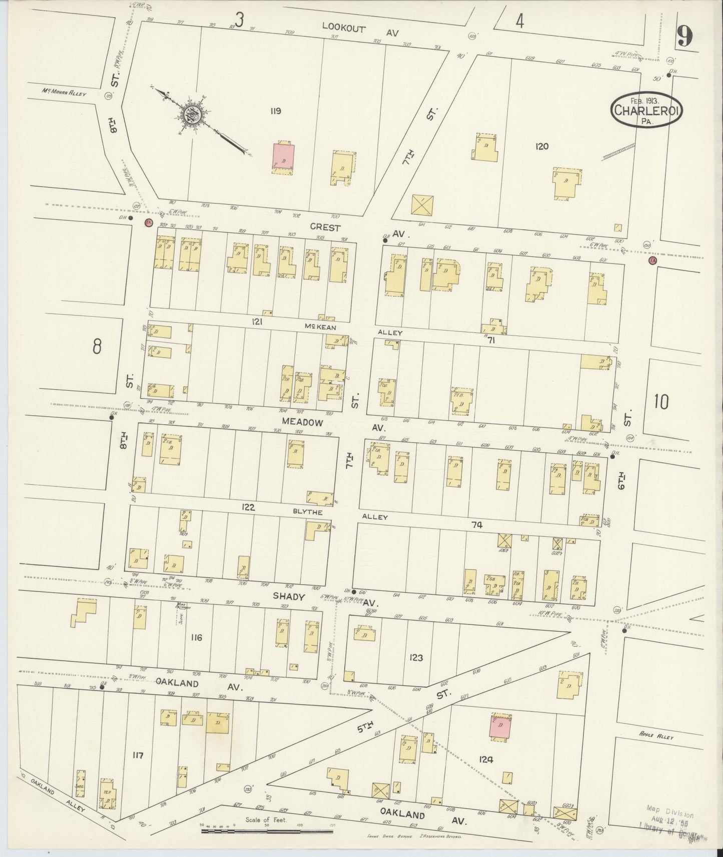 Sanborn Fire Insurance Map from Charleroi, Washington County, Pennsylvania (1913), Sheet #0009 - Historic Sanborn Fire Insurance Map Print, vintage old map wall art, antique decor, genealogy gift, Pennsylvania Pennsylvania map