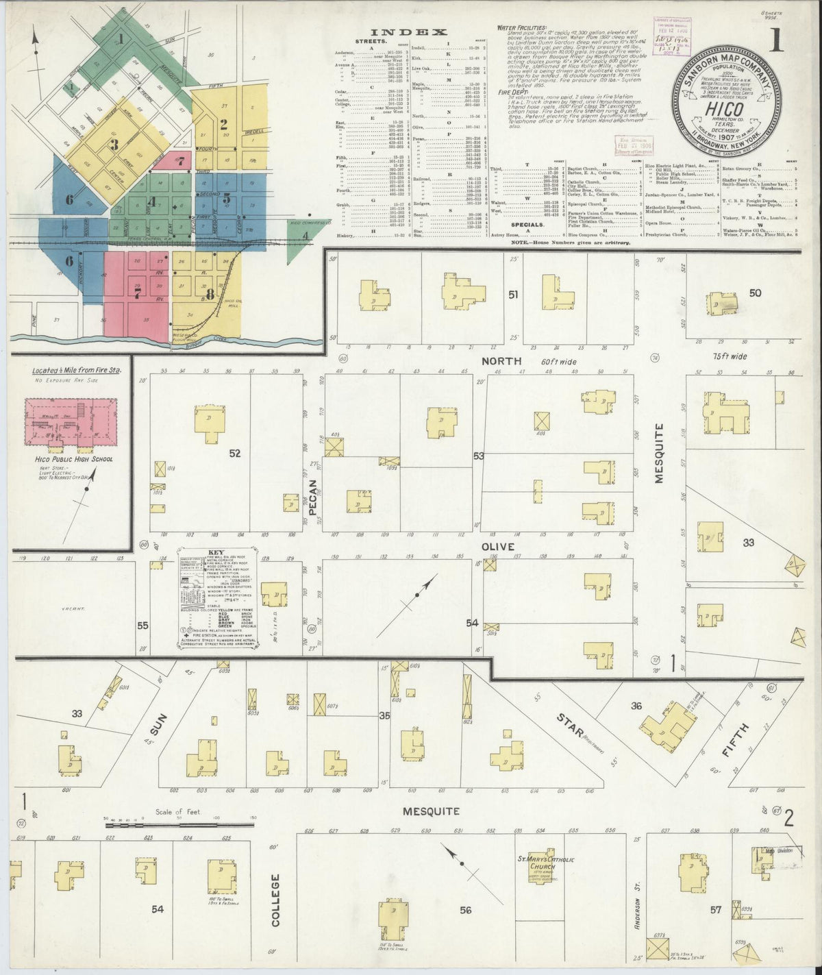 Sanborn Fire Insurance Map from Hico, Hamilton County, Texas (1907), Sheet #0001 - Historic Sanborn Fire Insurance Map Print, vintage old map wall art, antique decor, genealogy gift, Texas Texas map