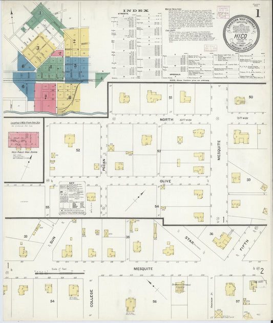 Sanborn Fire Insurance Map from Hico, Hamilton County, Texas (1907), Sheet #0001 - Historic Sanborn Fire Insurance Map Print, vintage old map wall art, antique decor, genealogy gift, Texas Texas map