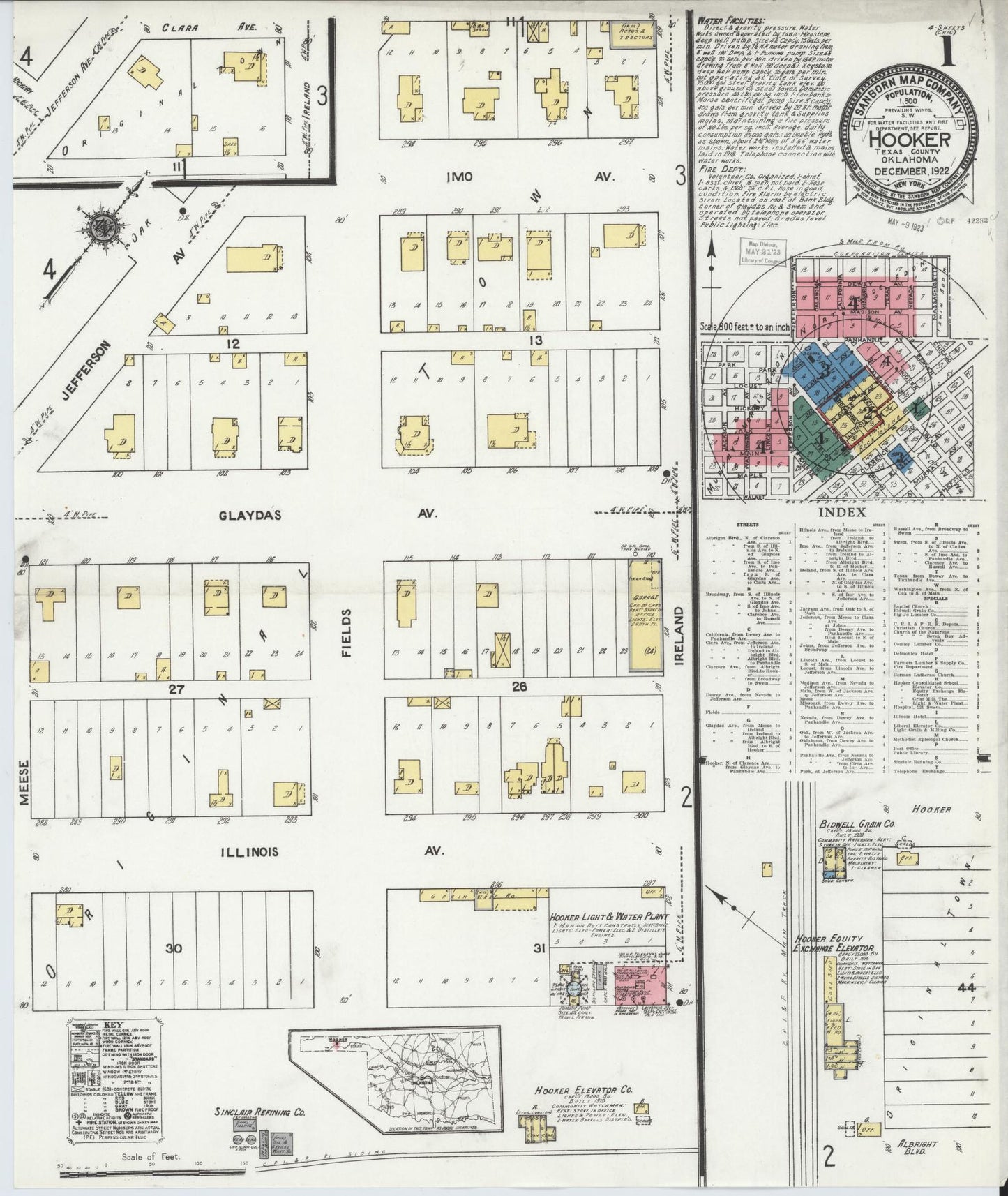 Sanborn Fire Insurance Map from Hooker, Texas County, Oklahoma (1922), Sheet #0001 - Complete Map Set gallery image, historic Sanborn map, vintage wall art, Oklahoma Oklahoma