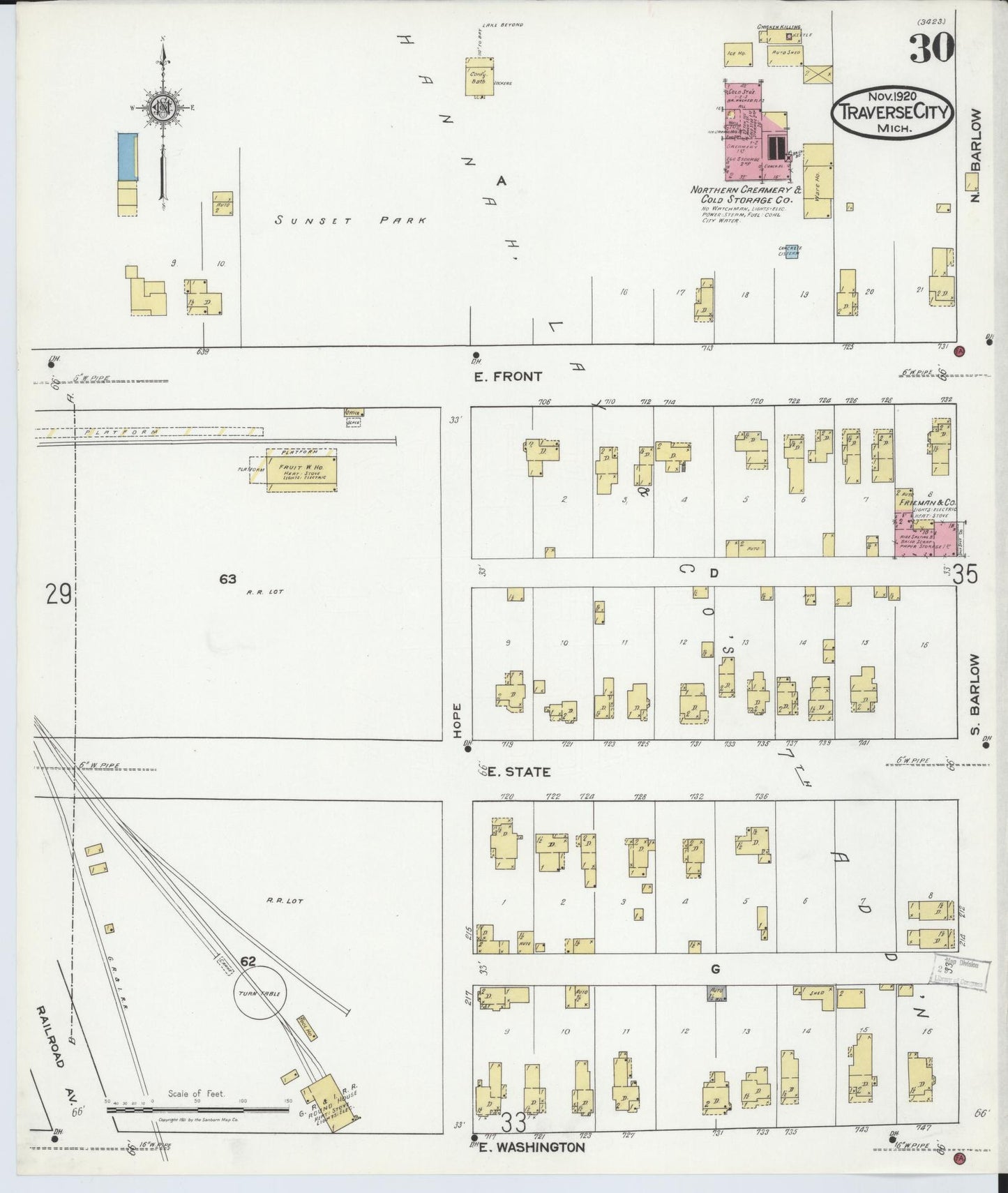 Sanborn Fire Insurance Map from Traverse City, Grand Traverse County, Michigan (1920), Sheet #0030 - Historic Sanborn Fire Insurance Map Print, vintage old map wall art, antique decor, genealogy gift, Michigan Michigan map