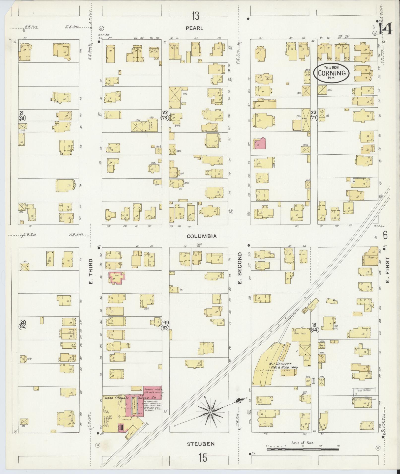 Sanborn Fire Insurance Map from Corning, Steuben County, New York (1908), Sheet #0014 - Complete Map Set gallery image, historic Sanborn map, vintage wall art, New York New York