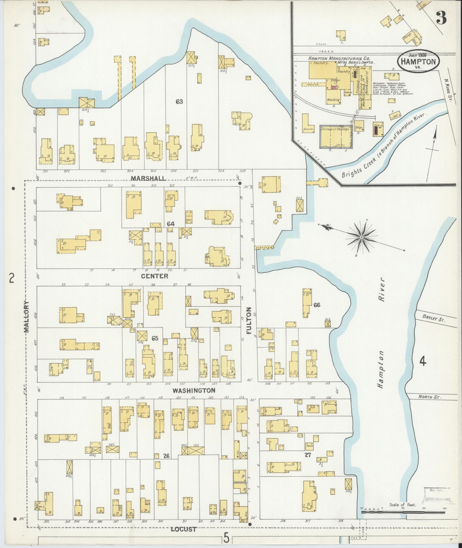 Sanborn Fire Insurance Map from Hampton, Independent Cities, Virginia (1900), Sheet #0003 - Historic Sanborn Fire Insurance Map Print, vintage old map wall art, antique decor, genealogy gift, Virginia Virginia map