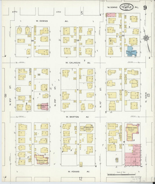 Sanborn Fire Insurance Map from Temple, Bell County, Texas (1915), Sheet #0009 - Historic Sanborn Fire Insurance Map Print, vintage old map wall art, antique decor, genealogy gift, Texas Texas map