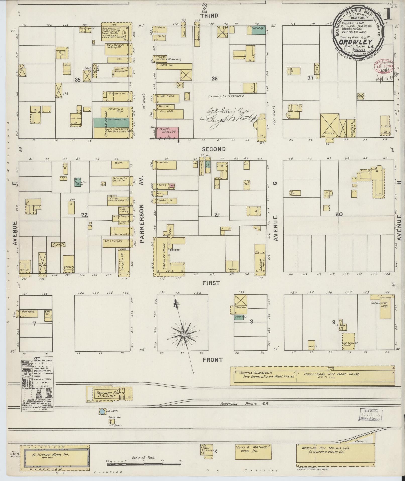 Sanborn Fire Insurance Map from Crowley, Acadia Parish, Louisiana (1895), Sheet #0001 - Historic Sanborn Fire Insurance Map Print, vintage old map wall art, antique decor, genealogy gift, Louisiana Louisiana map