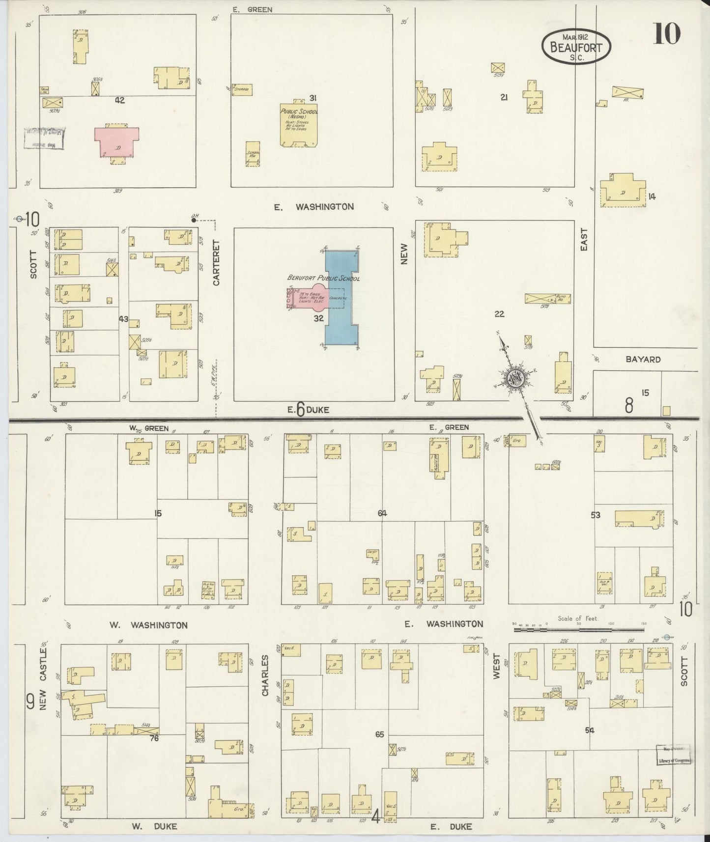 Sanborn Fire Insurance Map from Beaufort, Beaufort County, South Carolina (1912), Sheet #0010 - Complete Map Set gallery image, historic Sanborn map, vintage wall art, South Carolina South Carolina