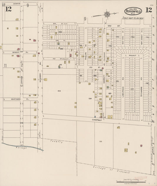 Sanborn Fire Insurance Map from Bergenfield, Bergen County, New Jersey (1923), Sheet #0012 - Historic Sanborn Fire Insurance Map Print, vintage old map wall art, antique decor, genealogy gift, New Jersey New Jersey map