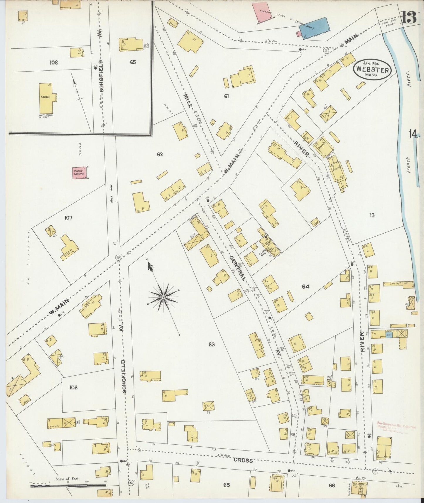 Sanborn Fire Insurance Map from Webster, Worcester County, Massachusetts (1904), Sheet #0013 - Complete Map Set gallery image, historic Sanborn map, vintage wall art, Massachusetts Massachusetts