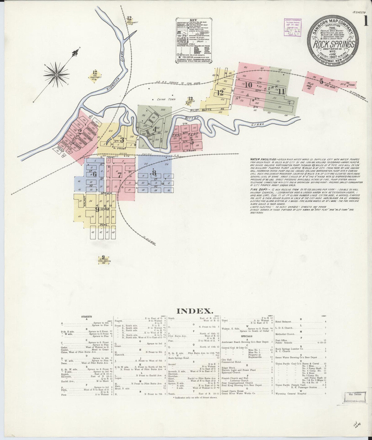 Sanborn Fire Insurance Map from Rock Springs, Sweetwater County, Wyoming (1907), Sheet #0001 - Historic Sanborn Fire Insurance Map Print, vintage old map wall art, antique decor, genealogy gift, Wyoming Wyoming map