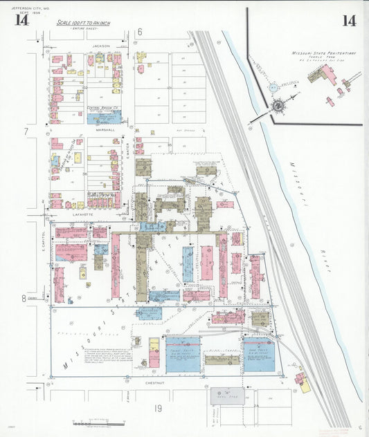 Sanborn Fire Insurance Map from Jefferson City, Cole County, Missouri (1939), Sheet #0014 - Historic Sanborn Fire Insurance Map Print, vintage old map wall art, antique decor, genealogy gift, Missouri Missouri map