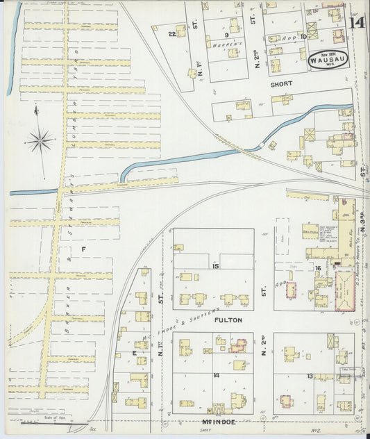 Sanborn Fire Insurance Map from Wausau, Marathon County, Wisconsin (1891), Sheet #0014 - Historic Sanborn Fire Insurance Map Print, vintage old map wall art, antique decor, genealogy gift, Wisconsin Wisconsin map