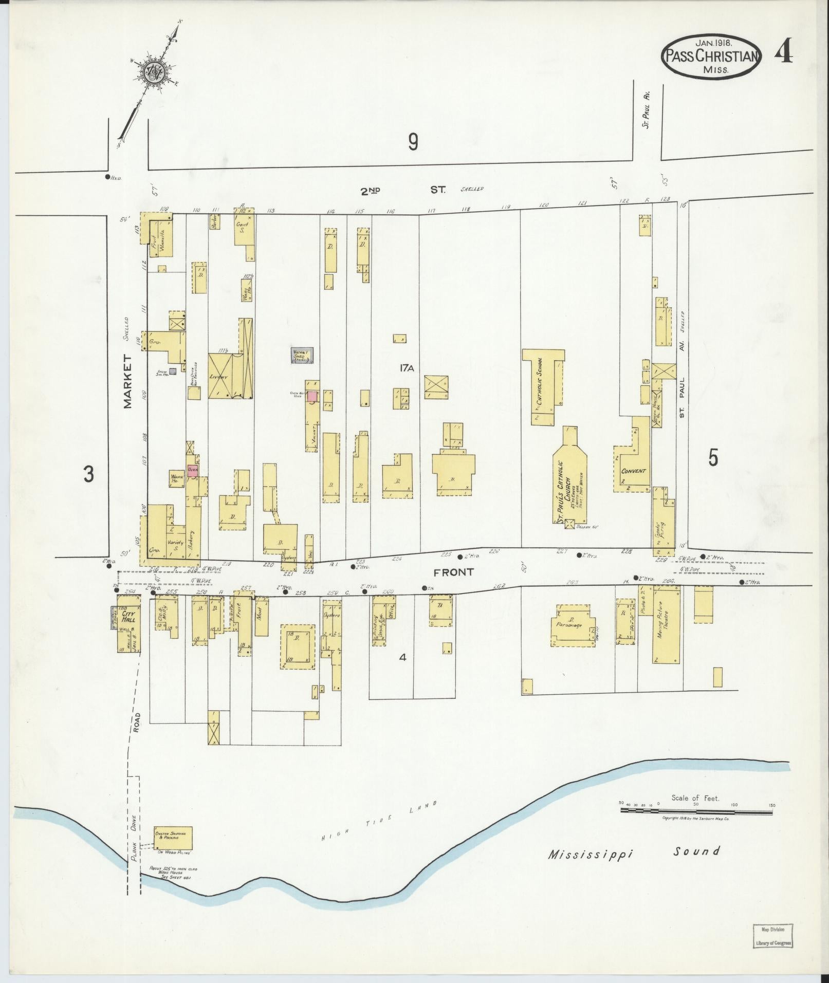 Sanborn Fire Insurance Map from Pass Christian, Harrison County, Mississippi (1918), Sheet #0004 - Historic Sanborn Fire Insurance Map Print, vintage old map wall art, antique decor, genealogy gift, Mississippi Mississippi map