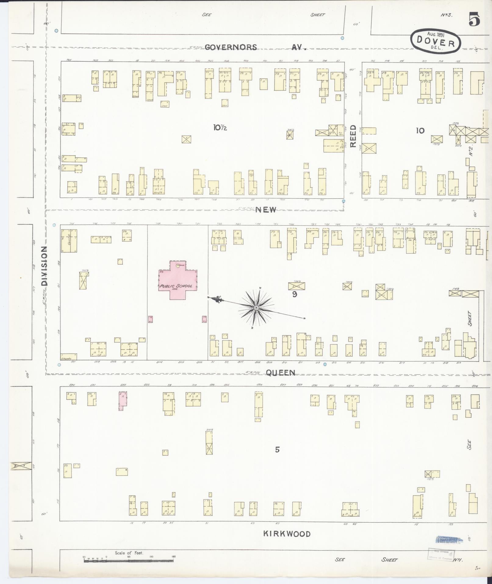 Sanborn Fire Insurance Map from Dover, Kent County, Delaware (1891), Sheet #0005 - Historic Sanborn Fire Insurance Map Print, vintage old map wall art, antique decor, genealogy gift, Delaware Delaware map