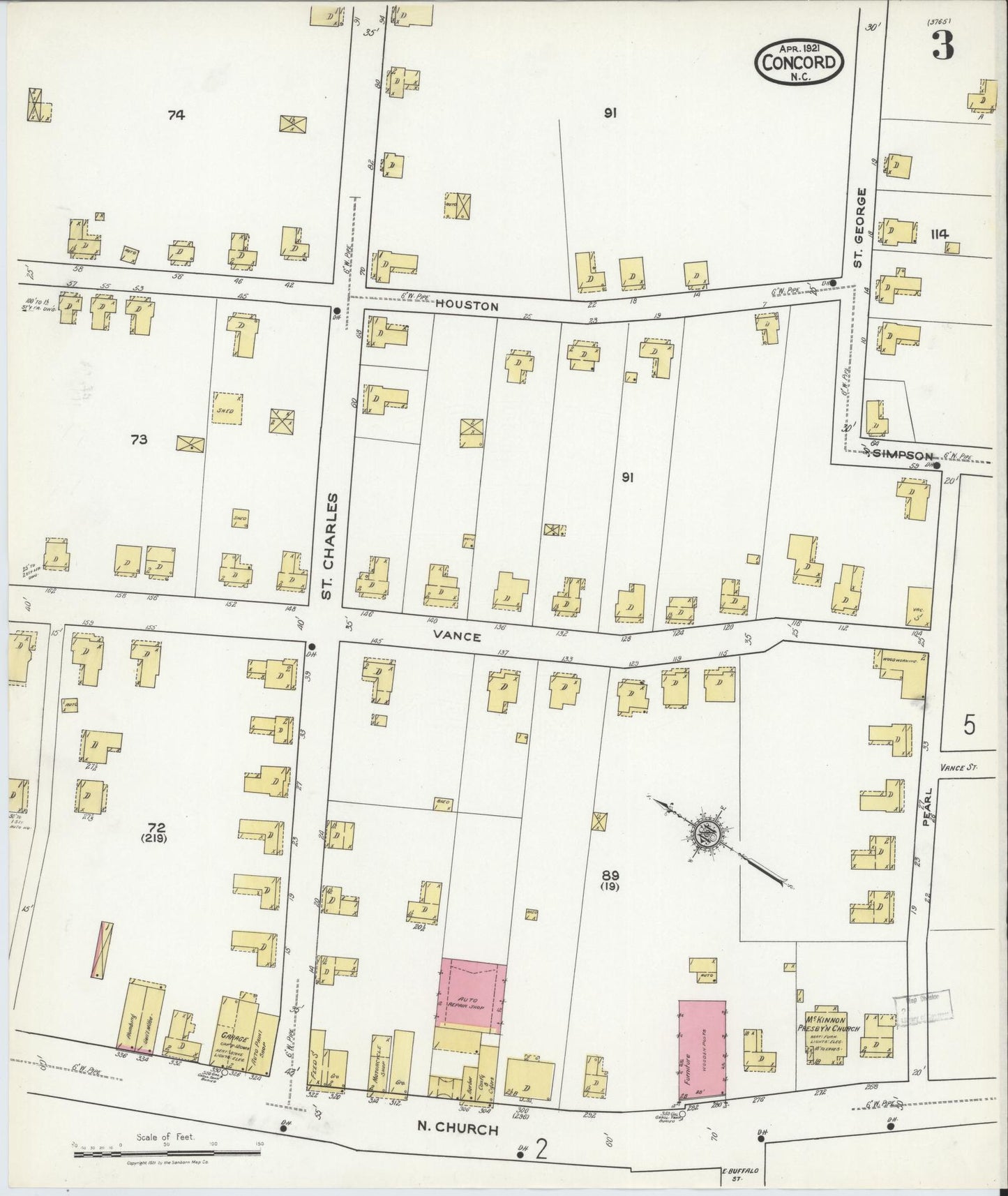 Sanborn Fire Insurance Map from Concord, Cabarrus County, North Carolina (1921), Sheet #0003 - Historic Sanborn Fire Insurance Map Print, vintage old map wall art, antique decor, genealogy gift, North Carolina North Carolina map
