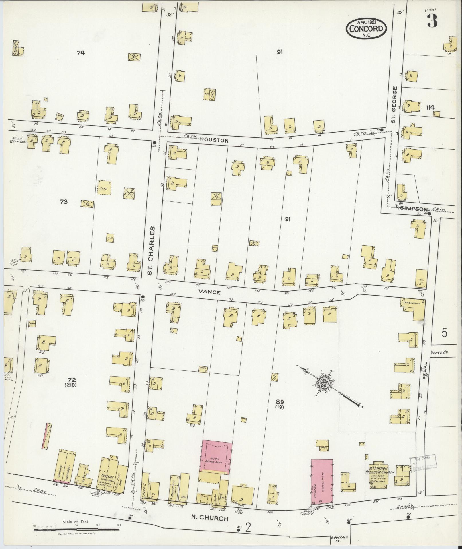 Sanborn Fire Insurance Map from Concord, Cabarrus County, North Carolina (1921), Sheet #0003 - Historic Sanborn Fire Insurance Map Print, vintage old map wall art, antique decor, genealogy gift, North Carolina North Carolina map