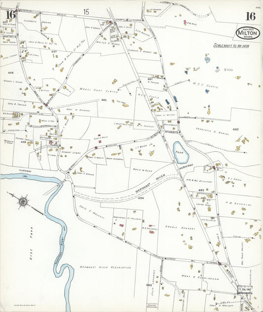 Sanborn Fire Insurance Map from Milton, Norfolk County, Massachusetts (1923), Sheet #0016 - Historic Sanborn Fire Insurance Map Print, vintage old map wall art, antique decor, genealogy gift, Massachusetts Massachusetts map