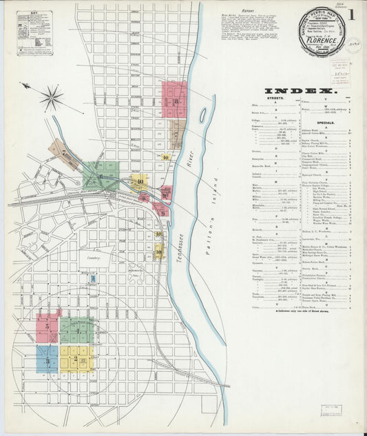 Sanborn Fire Insurance Map from Florence, Lauderdale County, Alabama (1899), Sheet #0001 - Historic Sanborn Fire Insurance Map Print, vintage old map wall art, antique decor, genealogy gift, Alabama Alabama map