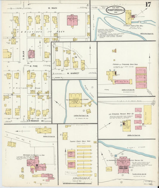 Sanborn Fire Insurance Map from Crawfordsville, Montgomery County, Indiana (1907), Sheet #0017 - Historic Sanborn Fire Insurance Map Print, vintage old map wall art, antique decor, genealogy gift, Indiana Indiana map