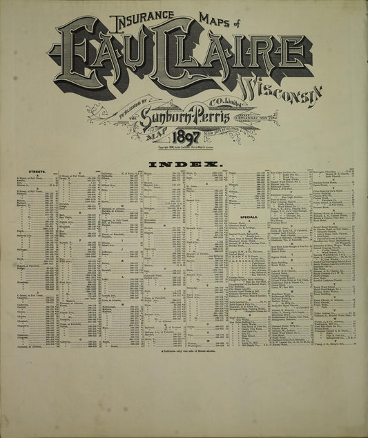 Sanborn Fire Insurance Map from Eau Claire, Eau Claire County, Wisconsin (1897), Sheet #0001 - Historic Sanborn Fire Insurance Map Print, vintage old map wall art, antique decor, genealogy gift, Wisconsin Wisconsin map