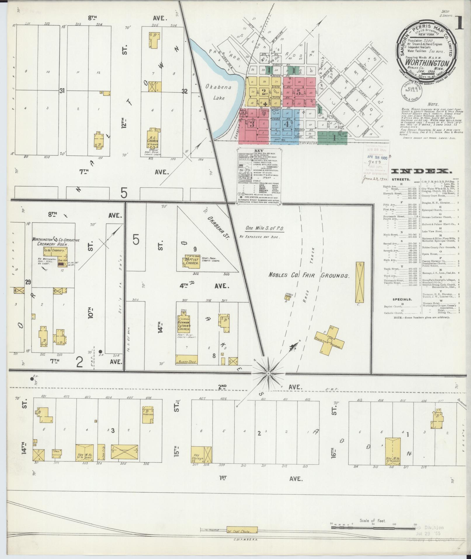 Sanborn Fire Insurance Map from Worthington, Nobles County, Minnesota (1900), Sheet #0001 - Complete Map Set gallery image, historic Sanborn map, vintage wall art, Minnesota Minnesota