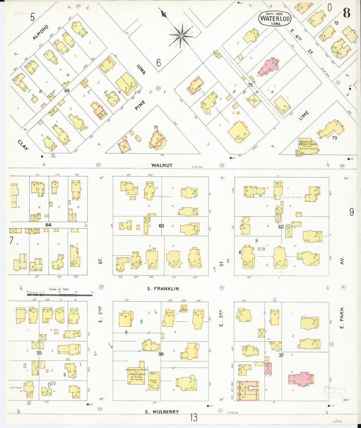 Sanborn Fire Insurance Map from Waterloo, Black Hawk County, Iowa (1900), Sheet #0008 - Historic Sanborn Fire Insurance Map Print, vintage old map wall art