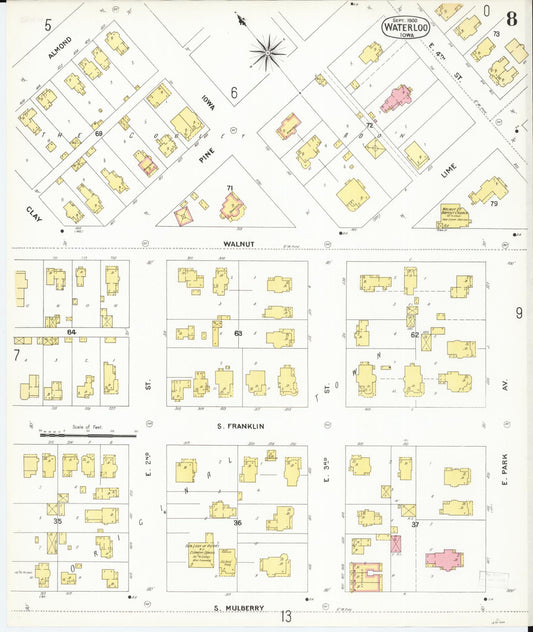 Sanborn Fire Insurance Map from Waterloo, Black Hawk County, Iowa (1900), Sheet #0008 - Historic Sanborn Fire Insurance Map Print, vintage old map wall art