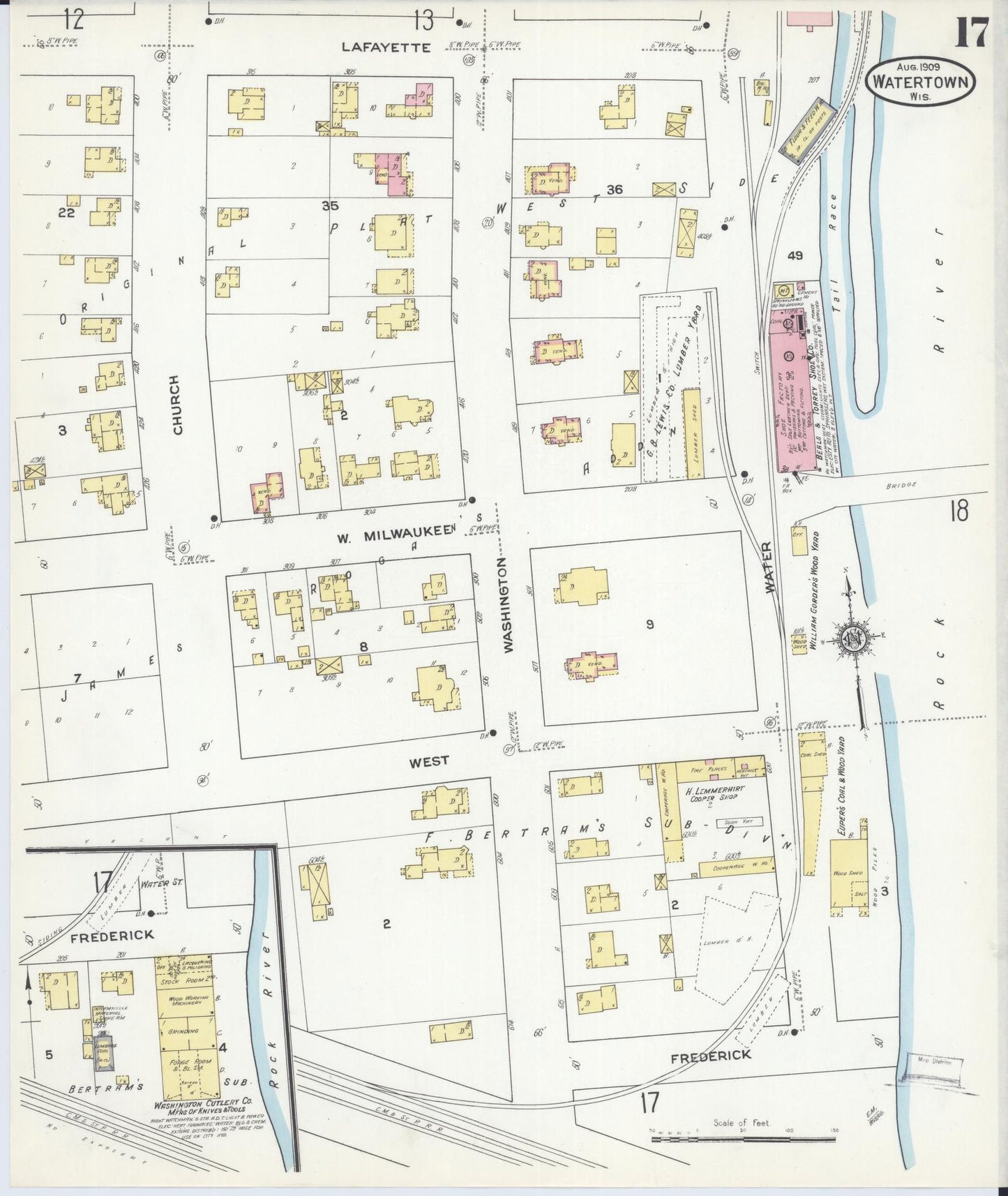 Sanborn Fire Insurance Map from Watertown, Jefferson County, Wisconsin (1909), Sheet #0017 - Complete Map Set gallery image, historic Sanborn map, vintage wall art, Wisconsin Wisconsin