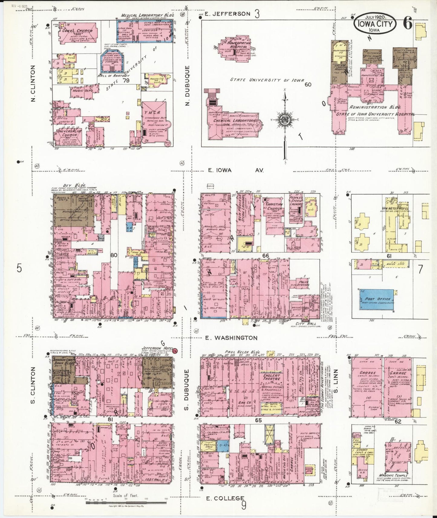 Sanborn Fire Insurance Map from Iowa City, Johnson County, Iowa (1920), Sheet #0006 - Historic Sanborn Fire Insurance Map Print, vintage old map wall art