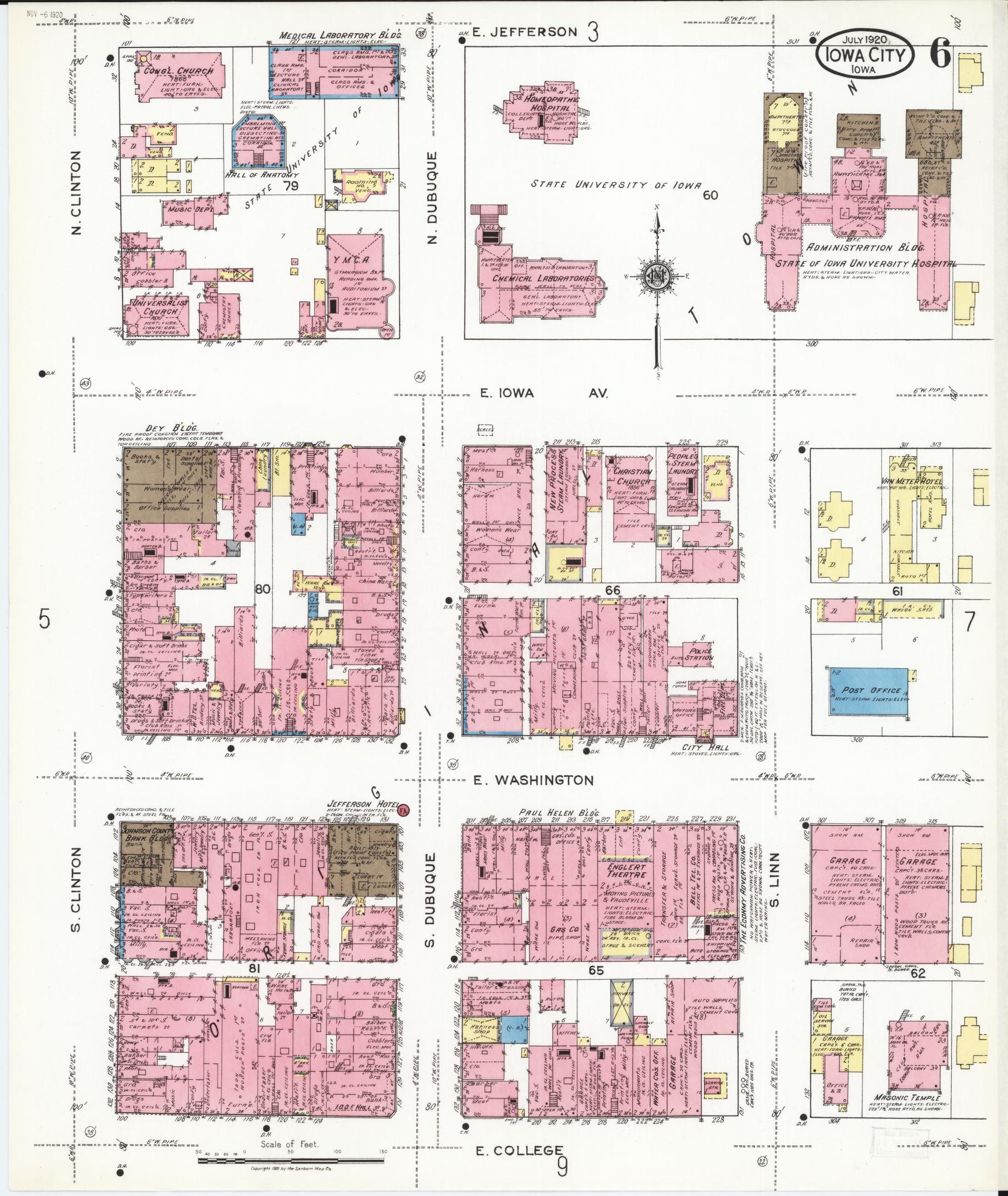 Sanborn Fire Insurance Map from Iowa City, Johnson County, Iowa (1920), Sheet #0006 - Historic Sanborn Fire Insurance Map Print, vintage old map wall art