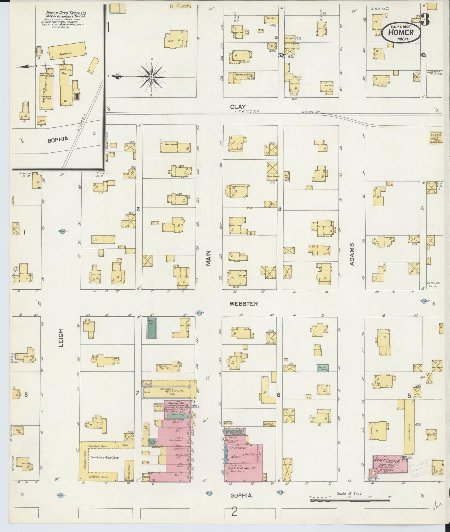Sanborn Fire Insurance Map from Homer, Calhoun County, Michigan (1907), Sheet #0003 - Complete Map Set gallery image, historic Sanborn map, vintage wall art, Michigan Michigan