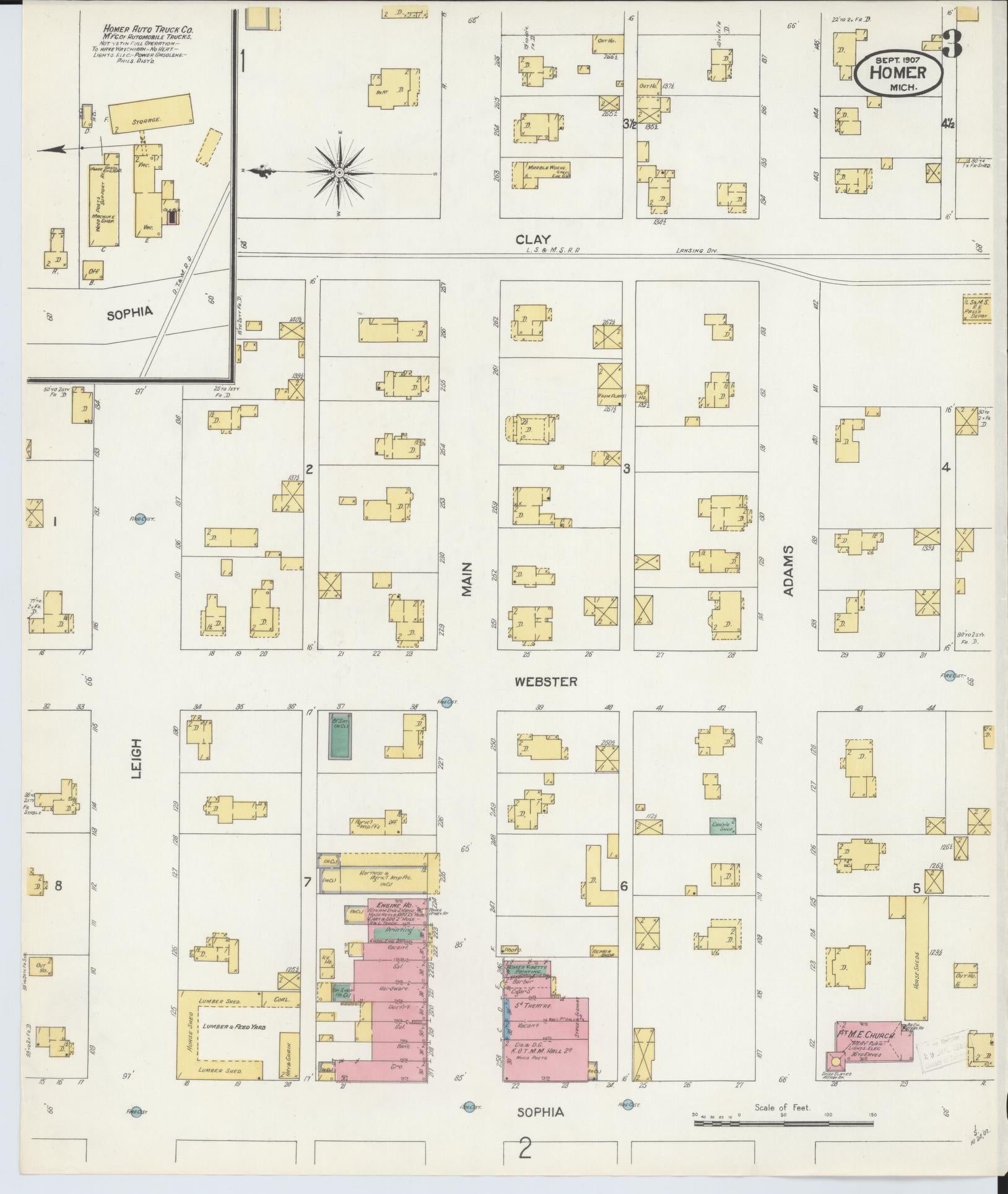 Sanborn Fire Insurance Map from Homer, Calhoun County, Michigan (1907), Sheet #0003 - Complete Map Set gallery image, historic Sanborn map, vintage wall art, Michigan Michigan