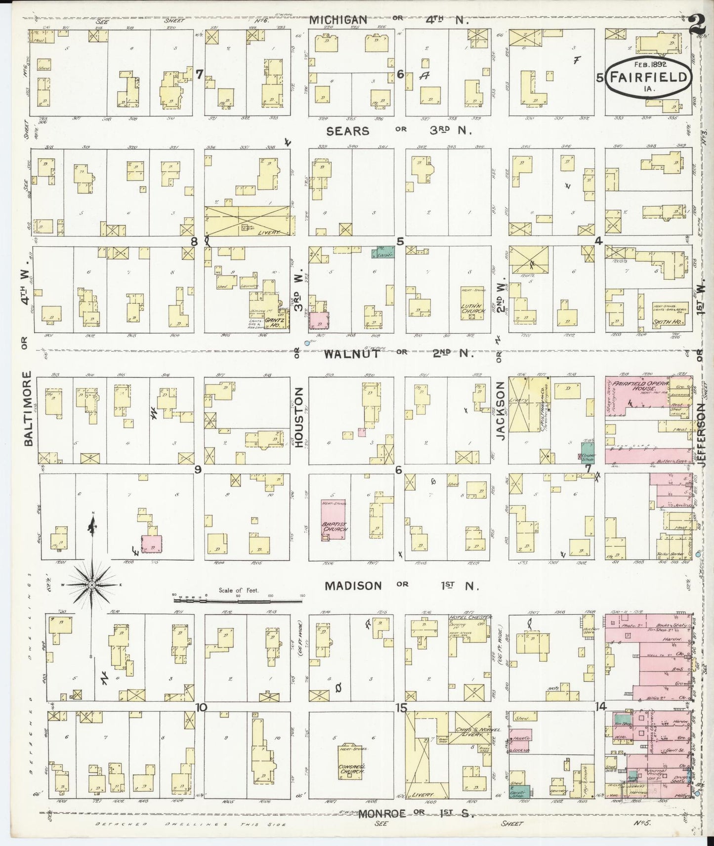 Sanborn Fire Insurance Map from Fairfield, Jefferson County, Iowa (1892), Sheet #0002 - Historic Sanborn Fire Insurance Map Print, vintage old map wall art