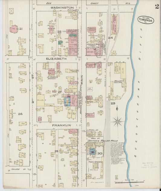Sanborn Fire Insurance Map from Towanda, Bradford County, Pennsylvania (1885), Sheet #0002 - Historic Sanborn Fire Insurance Map Print, vintage old map wall art, antique decor, genealogy gift, Pennsylvania Pennsylvania map