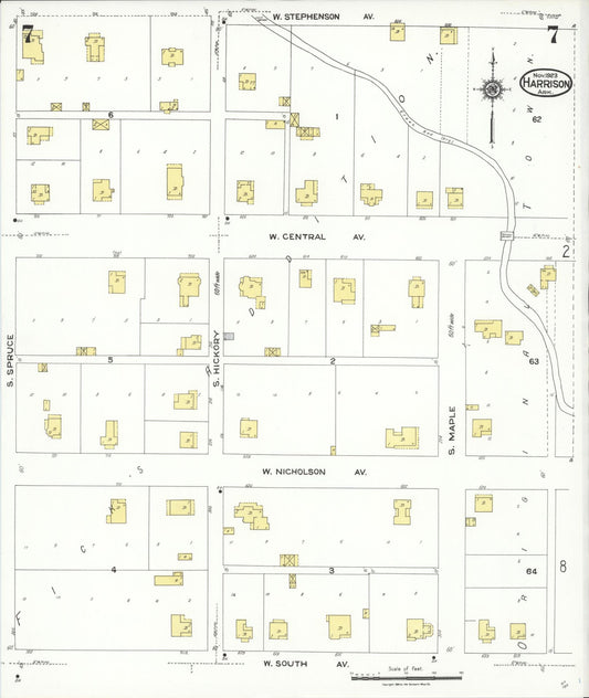 Sanborn Fire Insurance Map from Harrison, Boone County, Arkansas (1923), Sheet #0007 - Historic Sanborn Fire Insurance Map Print, vintage old map wall art, antique decor, genealogy gift, Arkansas Arkansas map