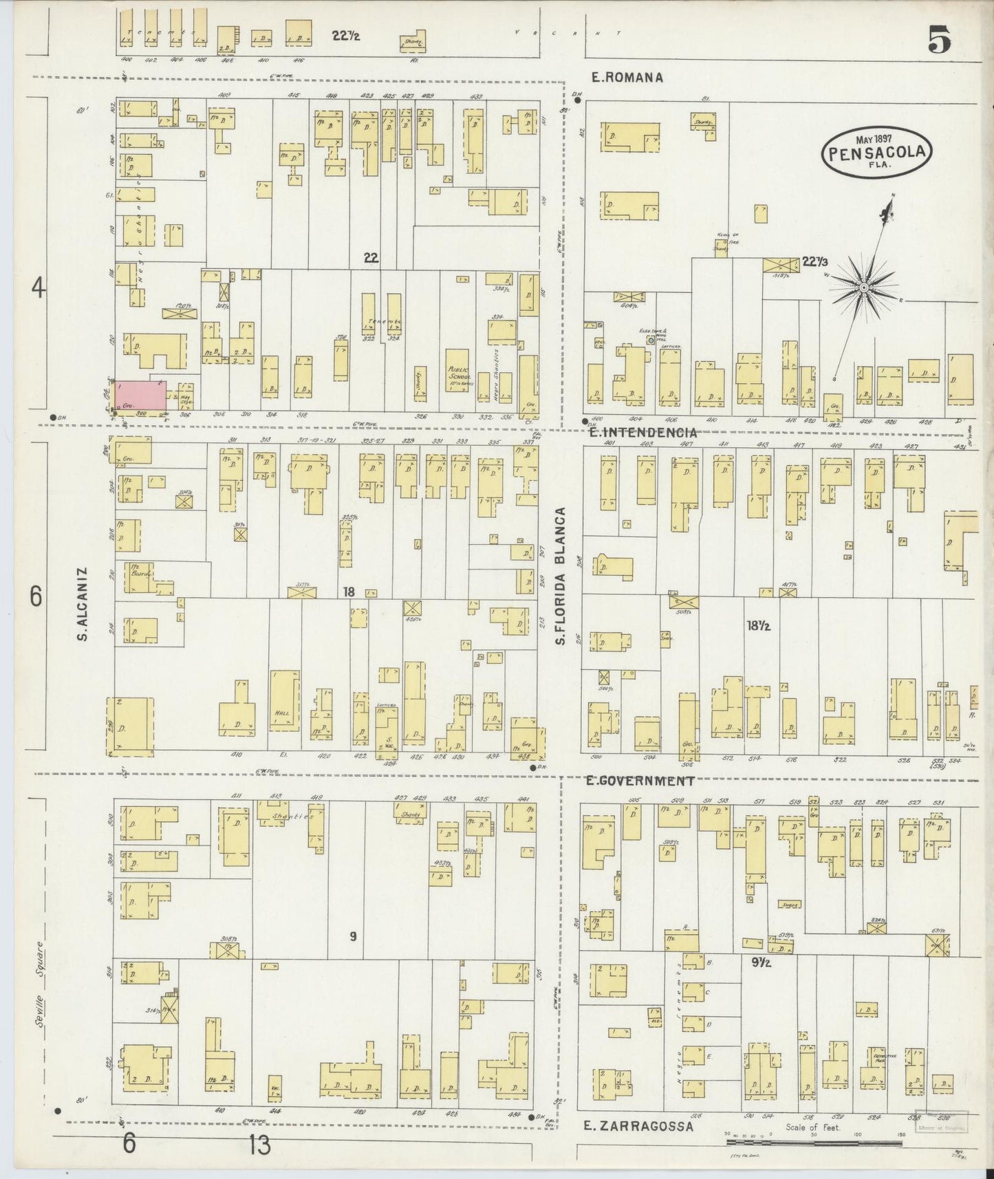 Sanborn Fire Insurance Map from Pensacola, Escambia County, Florida (1897), Sheet #0005 - Complete Map Set gallery image, historic Sanborn map, vintage wall art, Florida Florida