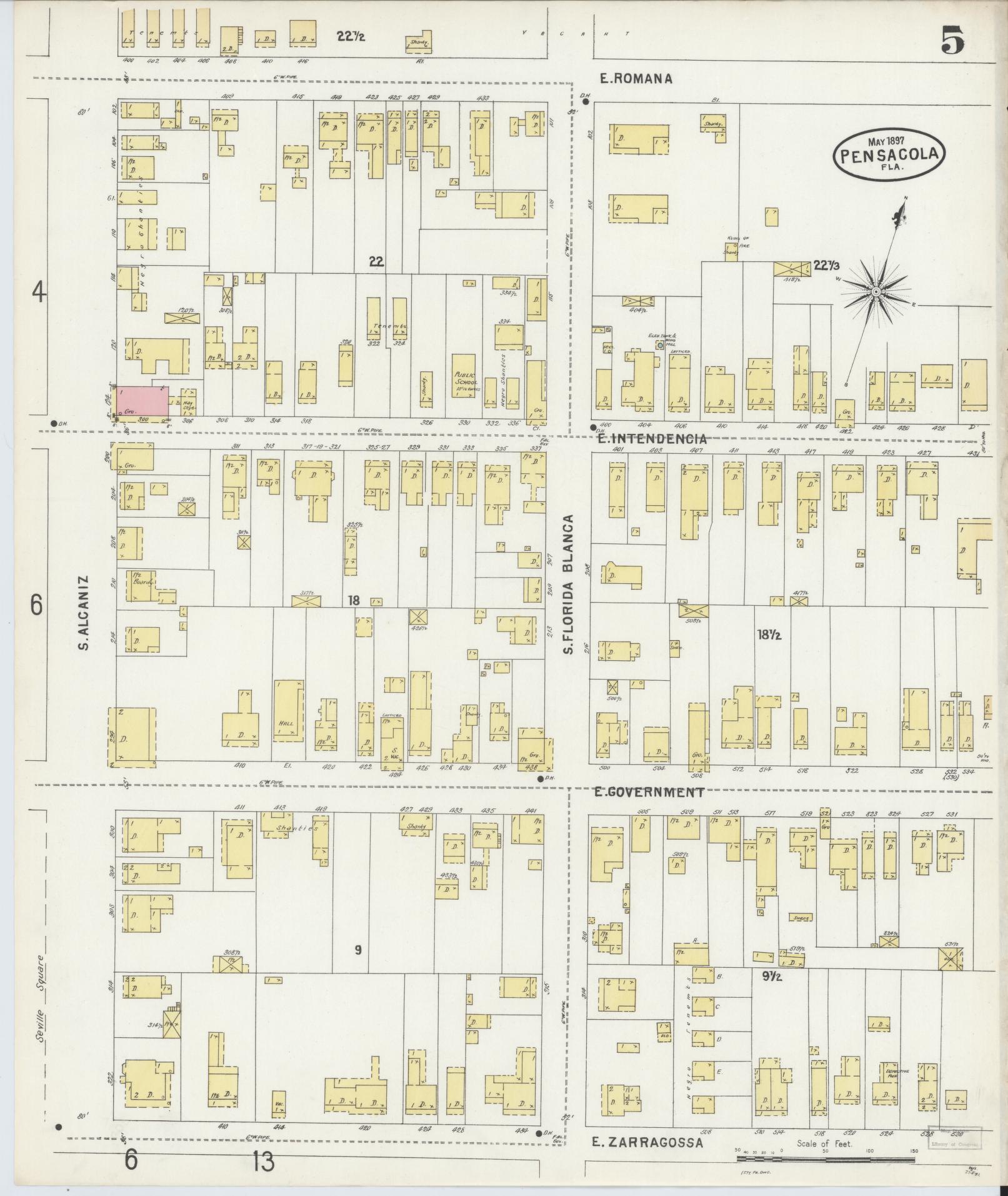 Sanborn Fire Insurance Map from Pensacola, Escambia County, Florida (1897), Sheet #0005 - Complete Map Set gallery image, historic Sanborn map, vintage wall art, Florida Florida