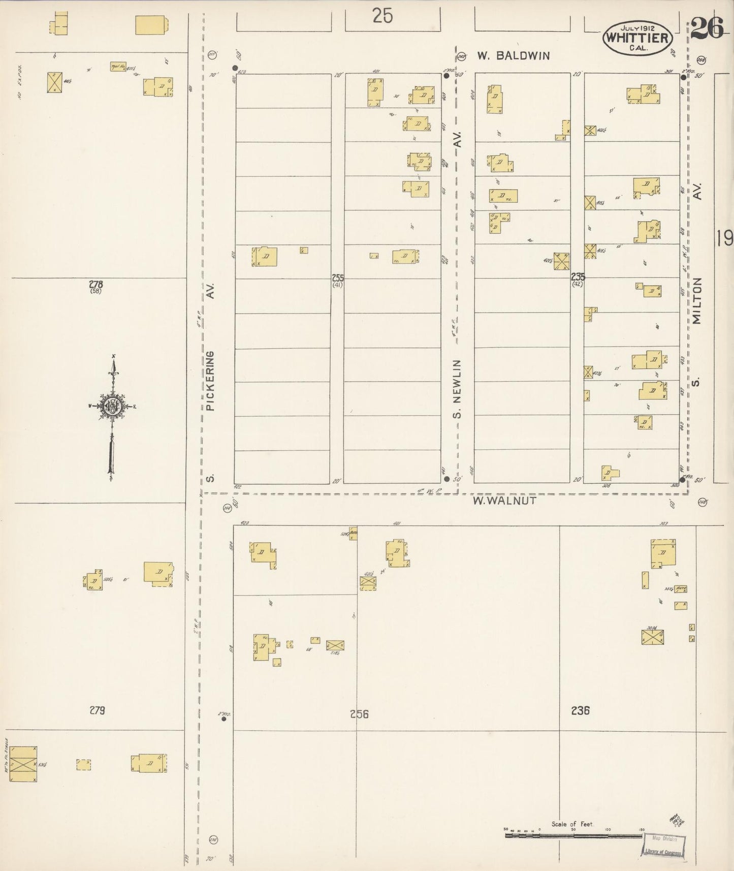 Sanborn Fire Insurance Map from Whittier, Los Angeles County, California (1912), Sheet #0026 - Complete Map Set gallery image, historic Sanborn map, vintage wall art, California California